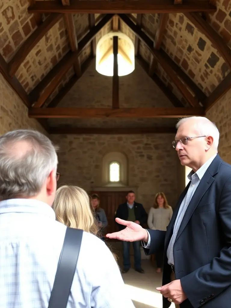 A photo of a historical expert giving a guided tour of the Saint Michel de Rouviac chapel, highlighting its architectural and historical significance.
