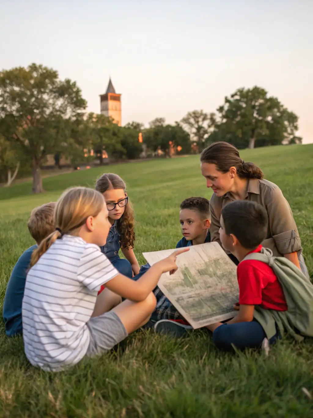An image of children participating in an educational workshop about the history of the Saint Michel de Rouviac chapel, emphasizing the importance of heritage preservation.