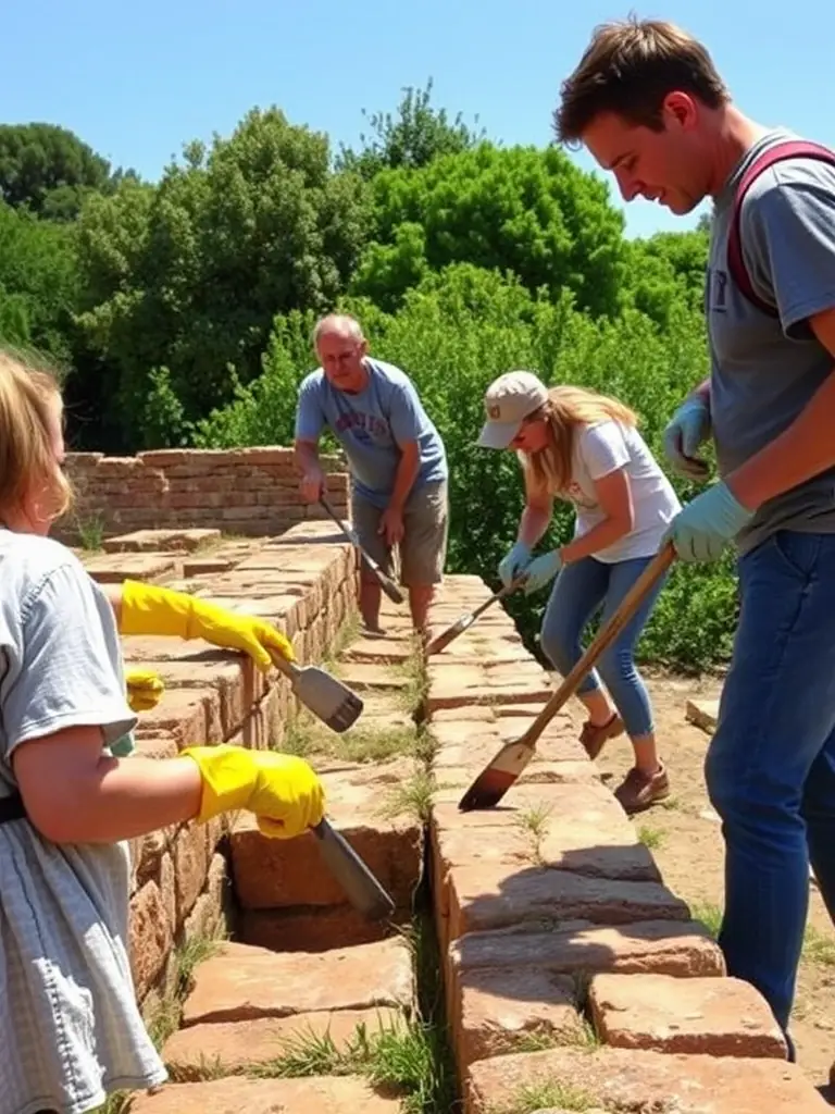 A photograph capturing volunteers cleaning and restoring a section of the chapel's stone wall, showcasing the hands-on preservation work.